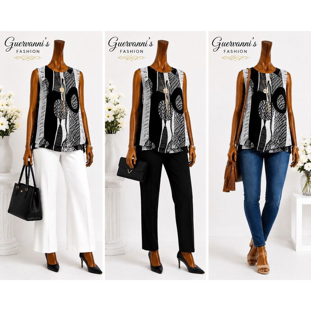 ROZ&ALI Womens XL Sleeveless Layered Chiffon Blouse Black White Abstract Career